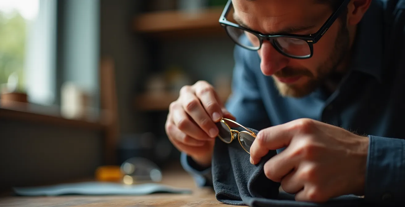 Mains d'artisan nettoyant délicatement des lunettes dorées avec un tissu spécialisé