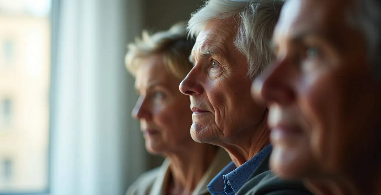 Visages de trois personnes d'âges différents regardant vers l'horizon, symbolisant l'évolution de la vision