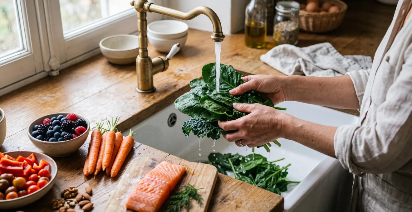 Mains préparant des aliments frais riches en nutriments pour la santé oculaire sur une planche à découper en bois dans une cuisine moderne