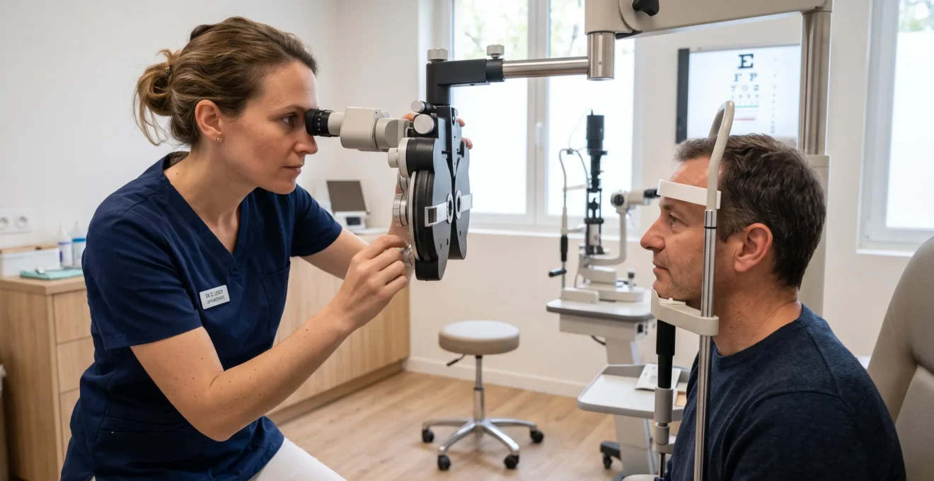 Optométriste effectuant un examen de vue sur un patient à l'aide d'un équipement ophtalmologique dans un cabinet moderne