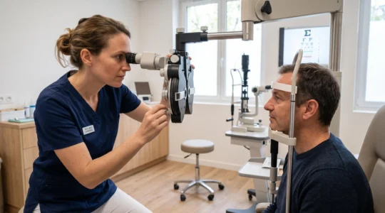 Optométriste effectuant un examen de vue sur un patient à l'aide d'un équipement ophtalmologique dans un cabinet moderne