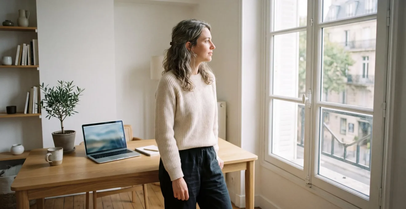Personne debout près d'une fenêtre regardant au loin pour faire une pause visuelle dans un espace de travail moderne