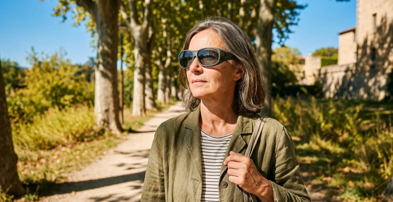 Personne portant des lunettes de soleil dans un environnement extérieur ensoleillé pour protéger ses yeux des rayons UV
