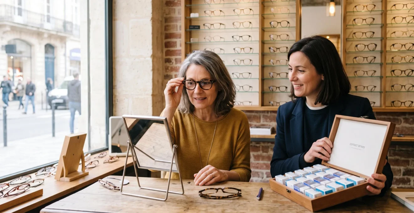 Un client essaie des lunettes en opticien pendant qu'une opticienne présente des lentilles.