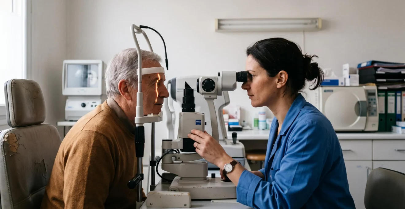 Un professionnel de la vue examine un patient à la lampe à fente en cabine médicale.