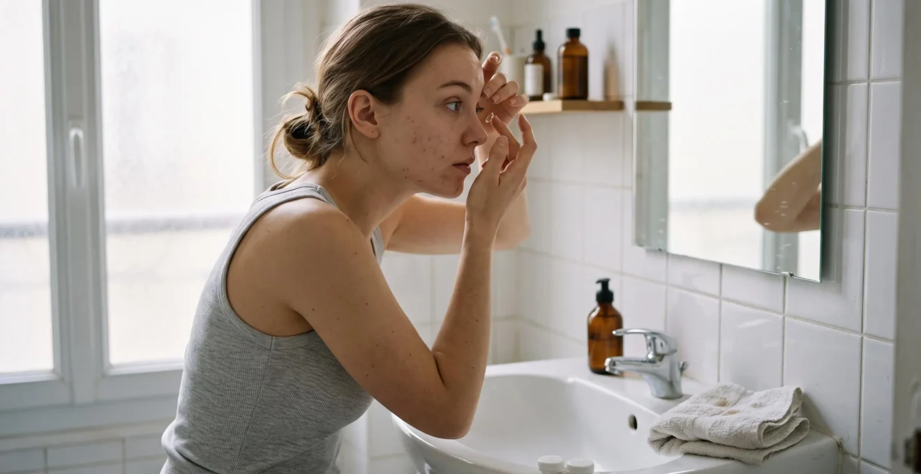 Une jeune femme insère une lentille de contact devant un miroir de salle de bain.